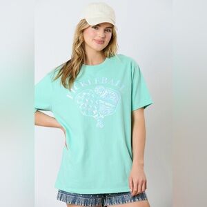 NWT FANTASTIC FAWN Oversized Sequin Turquoise Silver Pickleball Graphic T S,M,L